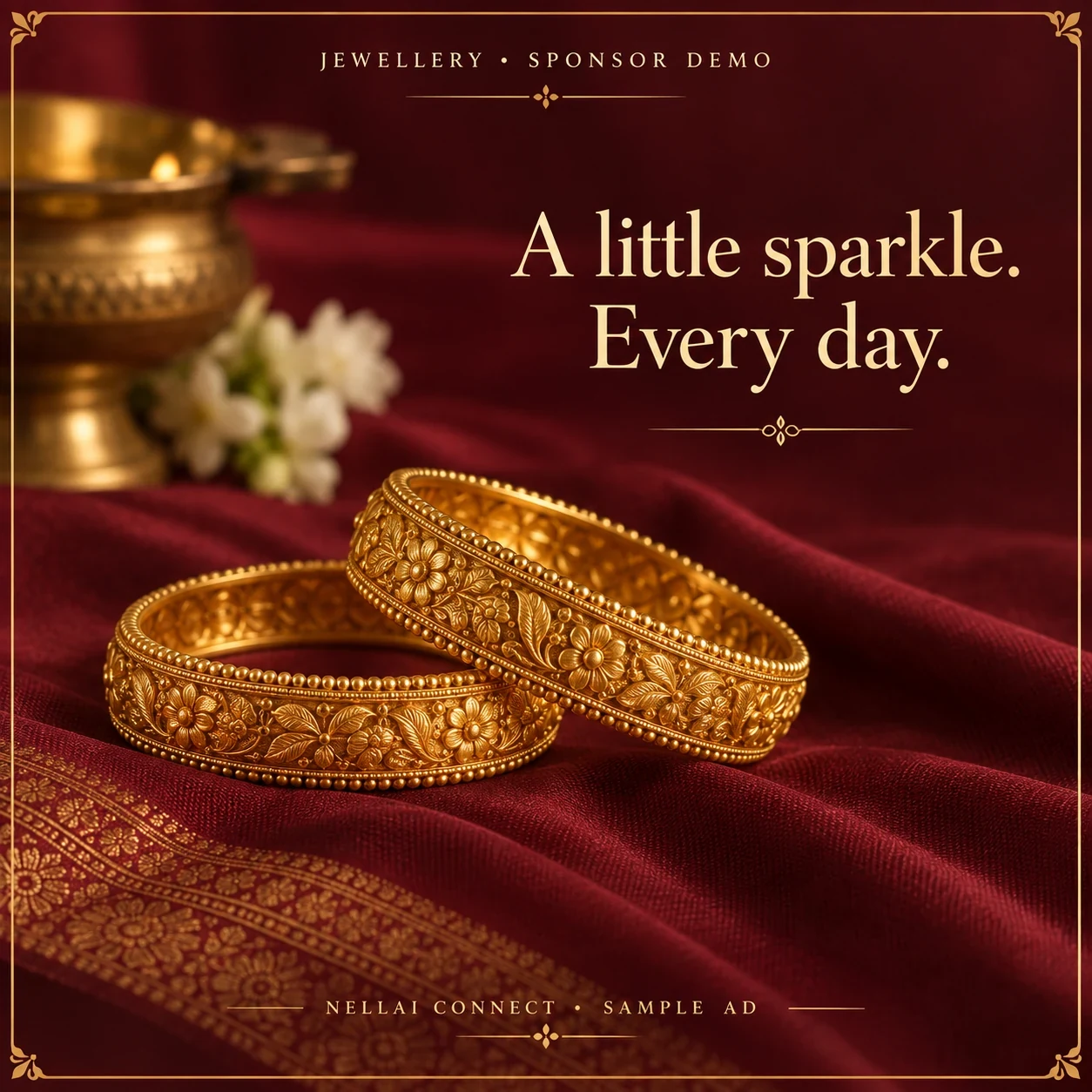 Gold bangles on maroon silk. Jewellery sponsor demonstration.