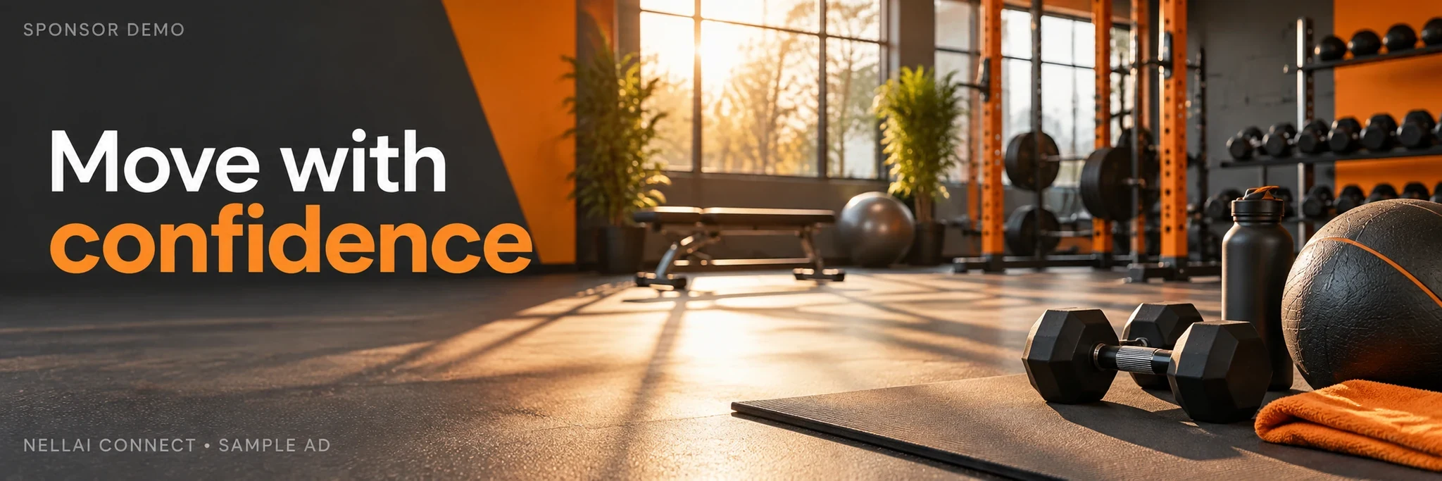 Sunlit exercise studio. Fitness sponsor demonstration.